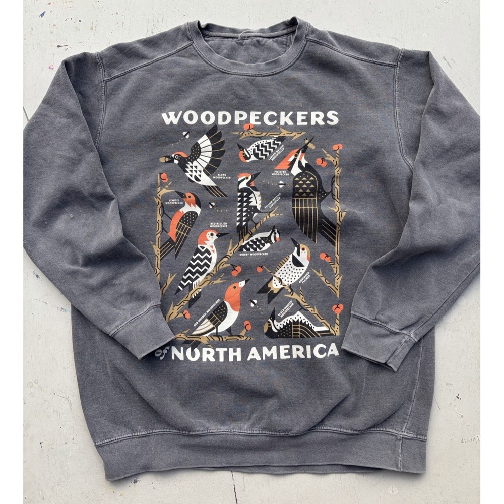 Men's Woodpeckers Sweatshirt Gray Spell-Out L Birds Collective HOLE STAINED USA